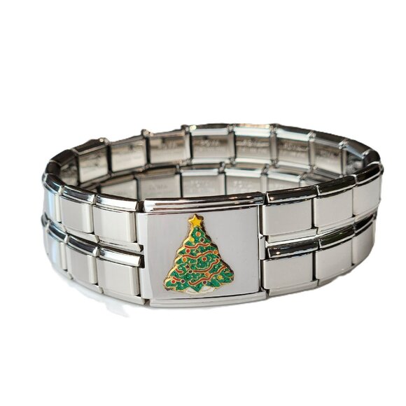 Italian Charm Christmas Tree Double Link Double Row Bracelet NEW Italy 7" - Picture 1 of 7